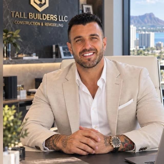 Viktor Mazeliah, founder of Tall Builders, in his Honolulu office with Diamond Head behind him
